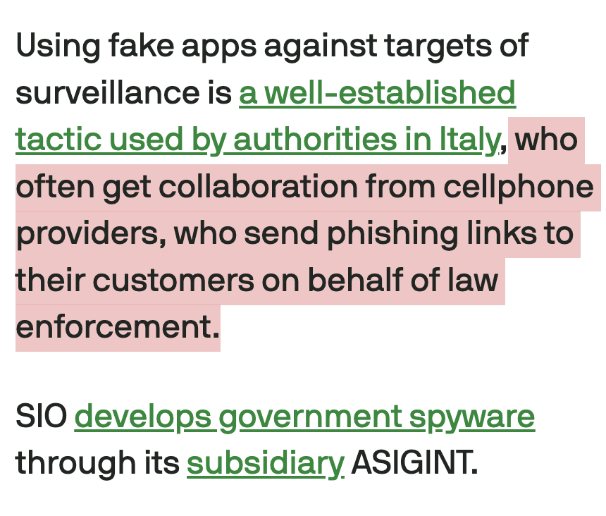 jsrailton's tweet image. 2/ Italy has a nasty, sprawling mercenary spyware ecosystem.

Look beyond the big scandals like #Paragon, which Italy imported... there are tons local shops with ess fancy tech..

...requiring trickery to get targets to install...not hard if you can partner with a gov that knows