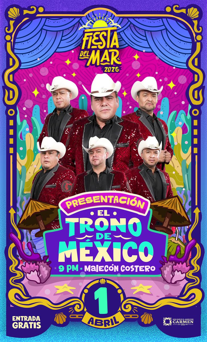 Canal13Campeche's tweet image. 📰 | Es hoy la presentación del "El Trono de México" en la  𝐅𝐢𝐞𝐬𝐭𝐚 𝐝𝐞𝐥 𝐌𝐚𝐫 𝟐𝟎𝟐𝟔 para poner a todos a #cantar y #bailar. 💃🕺
📍 𝐌𝐚𝐥𝐞𝐜ó𝐧 𝐂𝐨𝐬𝐭𝐞𝐫𝐨 | 🕘 𝟗:𝟎𝟎 𝐏𝐌
🎟️ 𝐄𝐧𝐭𝐫𝐚𝐝𝐚 𝐆𝐑𝐀𝐓𝐈𝐒
¡𝗡𝗼 𝘁𝗲 𝗹𝗼 𝗽𝘂𝗲𝗱𝗲𝘀 𝗽𝗲𝗿𝗱𝗲𝗿! 🧑‍🎤
#Campeche