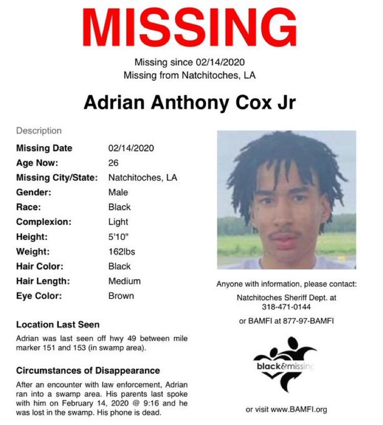 AngelsBokenHalo's tweet image. Last heard from walking through a swamp just before the world shut down for Covid.  Feb 2020.  Have you seen Adrian?  
#Louisiana #MissingPerson