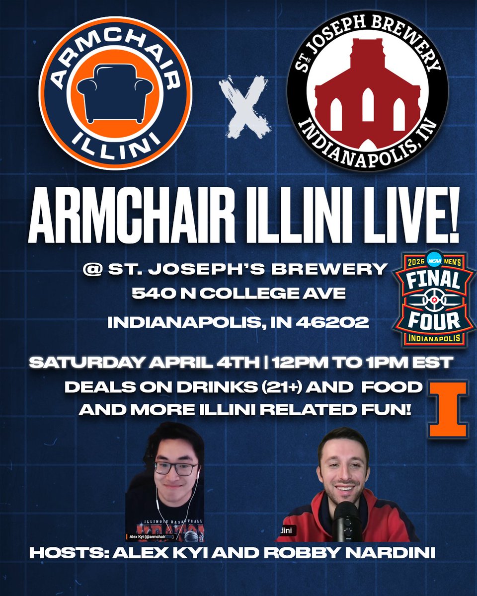 MAJOR NEWS 🚨

The Armchair Illini Podcast is heading to the Final Four! 🏀

Join me and <a href="/RobbyNardini/">RN2</a> LIVE this Saturday at St. Joseph’s Brewery in Indy. We’ll be recording a special 1-hour episode starting at 12 pm EST!

🍻 Drink deals 
🍔 Great food 
🎙️ Pure Illini Fun