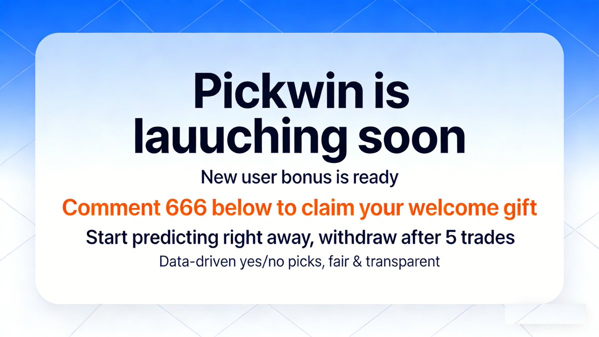 PickwinData's tweet photo. Pickwin is launching soon
New user bonus is ready
Comment 666 below to claim your welcome gift
Start predicting right away, withdraw after 5 trades
Data-driven yes/no picks, fair &amp; transparent
@PickwinPicks @PickwinTalk
https://t.co/qKIxKKS5M9
#WorldCup2026 #USBetting #YesNoPicks https://t.co/Hgul6M90VC