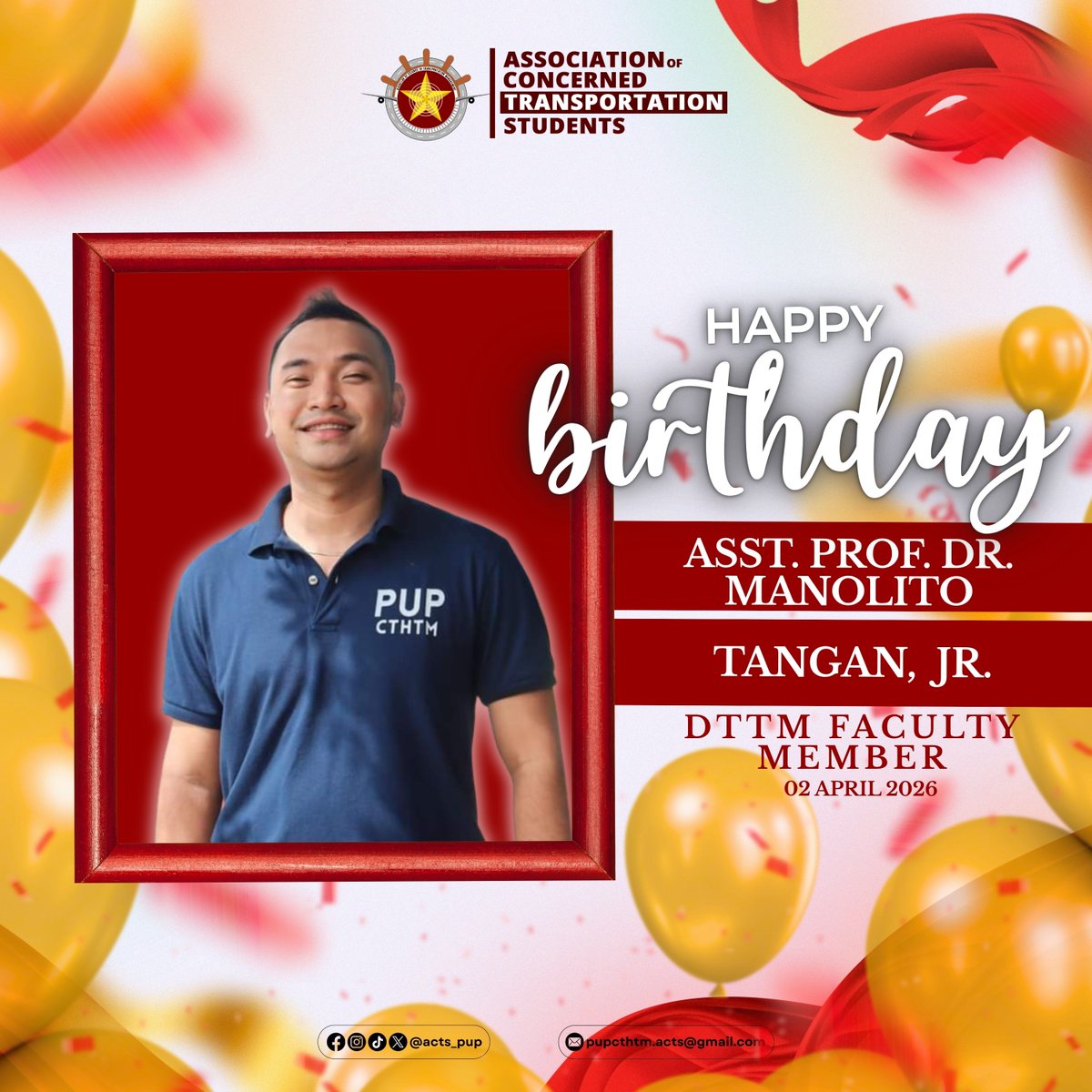 acts_pup's tweet image. Celebrating an inspiring mentor today—𝐇𝐚𝐩𝐩𝐲 𝐁𝐢𝐫𝐭𝐡𝐝𝐚𝐲, 𝐃𝐫. 𝐌𝐚𝐧𝐨𝐥𝐢𝐭𝐨 𝐑. 𝐓𝐚𝐧𝐠𝐚𝐧 𝐉𝐫.! 🎉
Thank you for your guidance, wisdom, and dedication to shaping future professionals. Wishing you good health and continued success!

#CTHTM #ACTS #BSTRM #BSTMTRTM