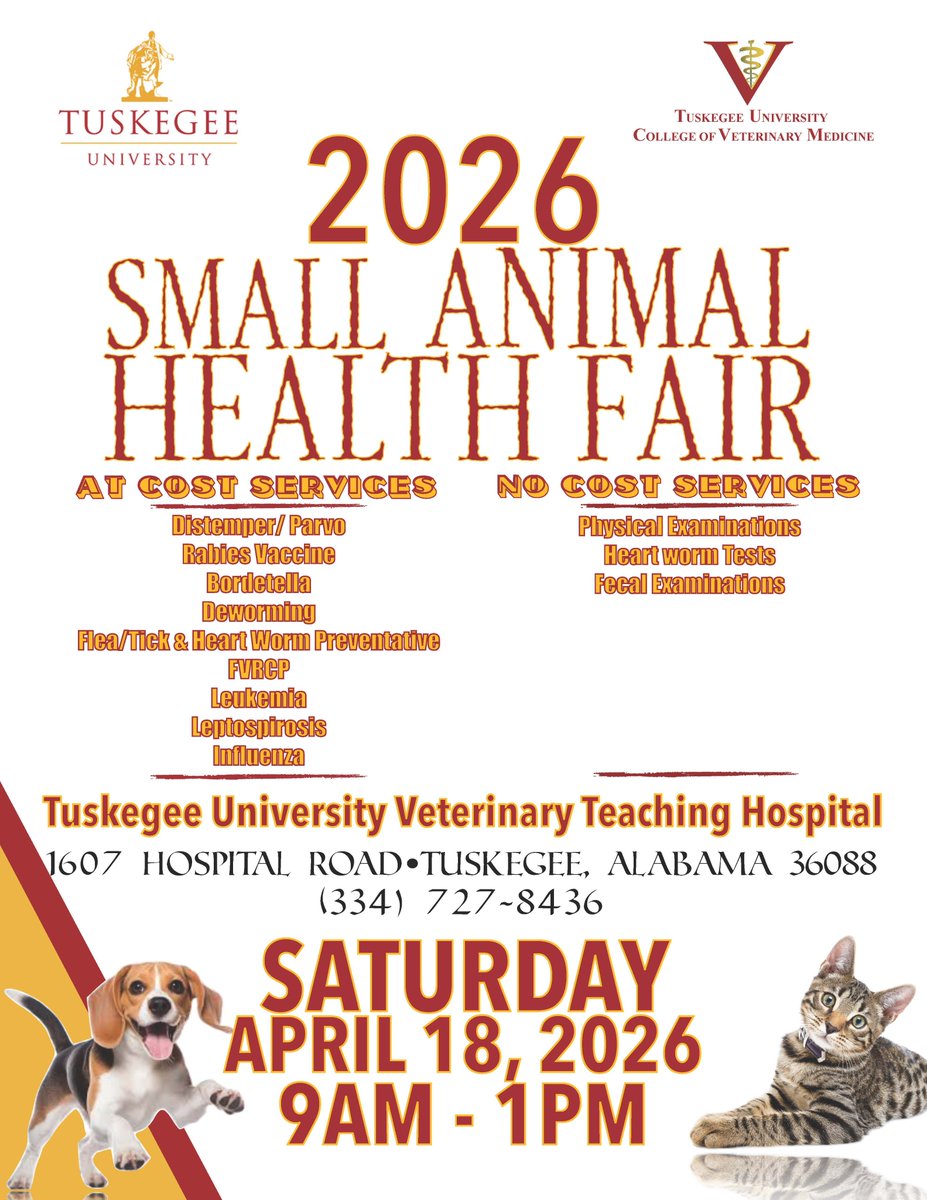 CVMTU's tweet photo. Plan to attend the #TUCVM 2026 Small Animal Health Fair on Sat., April 18, from 9 a.m. to 1 p.m. at the Veterinary Teaching Hospital. This community-wide event is open to the public with many services free of charge! See flyer for details! https://t.co/TVK69xgIVv