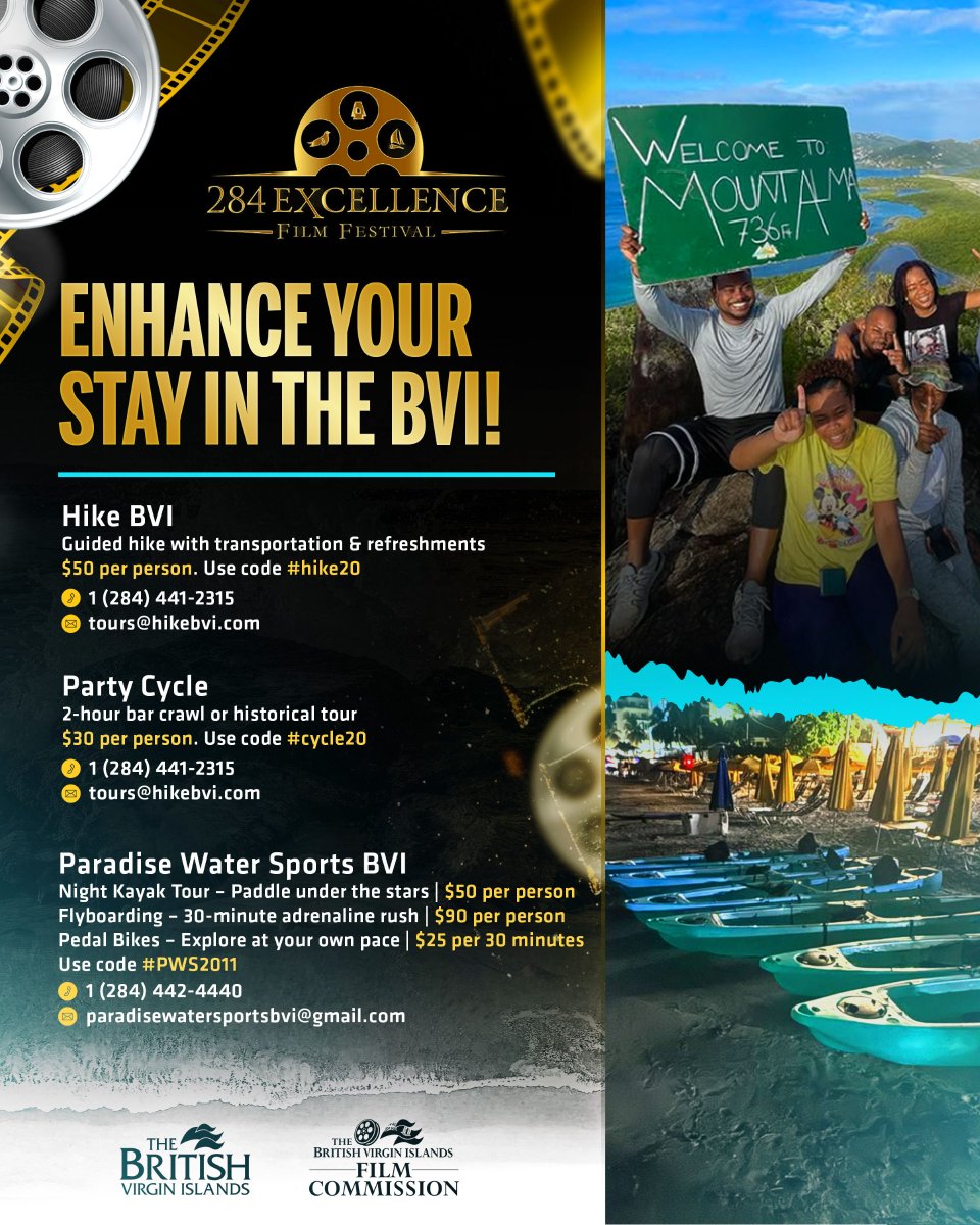 BVIFilm's tweet photo. Enhance Your Stay In The BVI!

Hike BVI: Guided hike + transportation ($50/person). Code: #hike20 

Party Cycle: 2-hour bar crawl or historical tour ($30/person). Code: #cycle20🛶 

Paradise Water Sports: Night Kayak under the stars ($50) or Flyboarding ($90). Code: #PWS2011 https://t.co/WxNq5m31p2