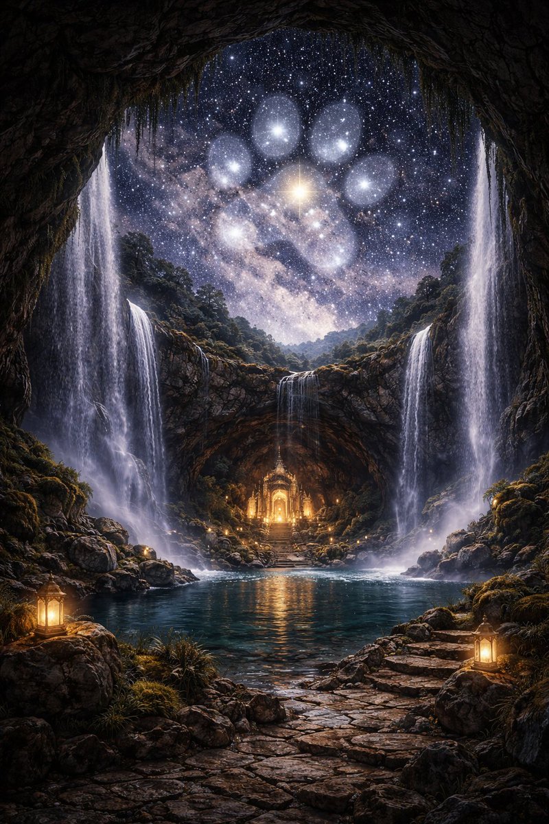 realDogenera's tweet image. Woof! Across the realm of secret waterfall cave sanctuary, prophecy awakens again—Dogenera’s paws leave their mark across the heavens. 🐕✨🌌🔥 #Dogenera #Dogeneration #Doge #elonmusk #prophecy #LOTR #Tolkien