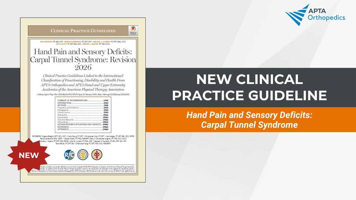 APTAOrthopedics's tweet photo. A new Clinical Practice Guideline is now available from APTA Orthopedics and the Academy of Hand and Upper Extremity Physical Therapy:
Hand Pain and Sensory Deficits: Carpal Tunnel Syndrome
🔗 https://t.co/XFYaLths5P
#PhysicalTherapy #EvidenceBasedCare #OrthopedicPT https://t.co/AMHTgQpSxO