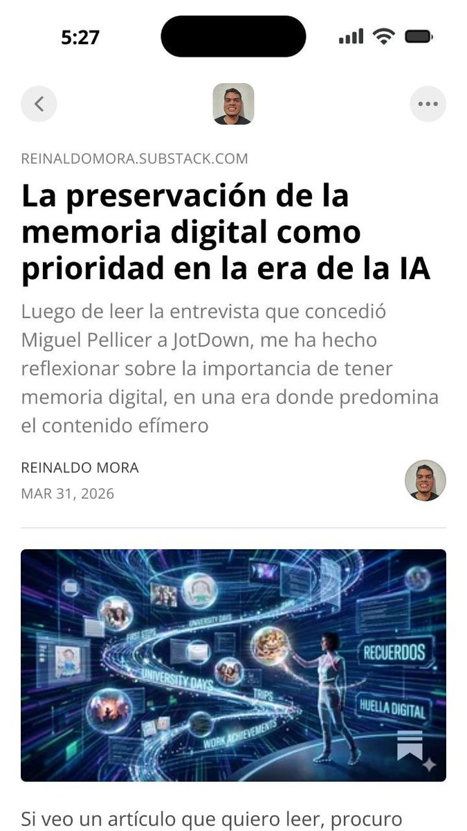 Hoy decidí hablar de la memoria digital. Me inspiré en una extensa entrevista que concedió <a href="/mpellicerala/">Miquel Pellicer 🇪🇺🇺🇦</a> a <a href="/JotDownSpain/">Jot Down Magazine</a>.  
Que el contenido se mantenga en línea debe ser una premisa y poder respaldarlo también... sobre todo en un futuro muy volátil. 
open.substack.com/pub/reinaldomo…