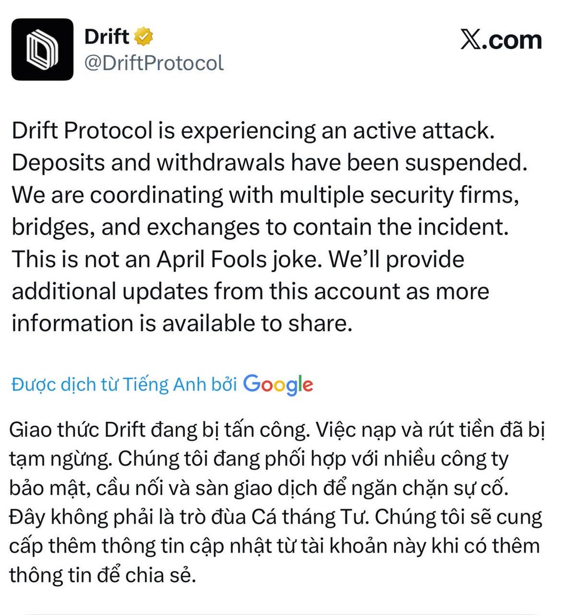 Perp Dex bị hack

🚨TIN MỚI NHẤT: Theo dữ liệu của Arkham, kẻ khai thác Drift đã bán gần như toàn bộ tài sản Solana của mình và chuyển số tiền thu được sang Ethereum, nơi hiện tại hắn đang nắm giữ 130.000 $ETH trị giá khoảng 277 triệu đô la.