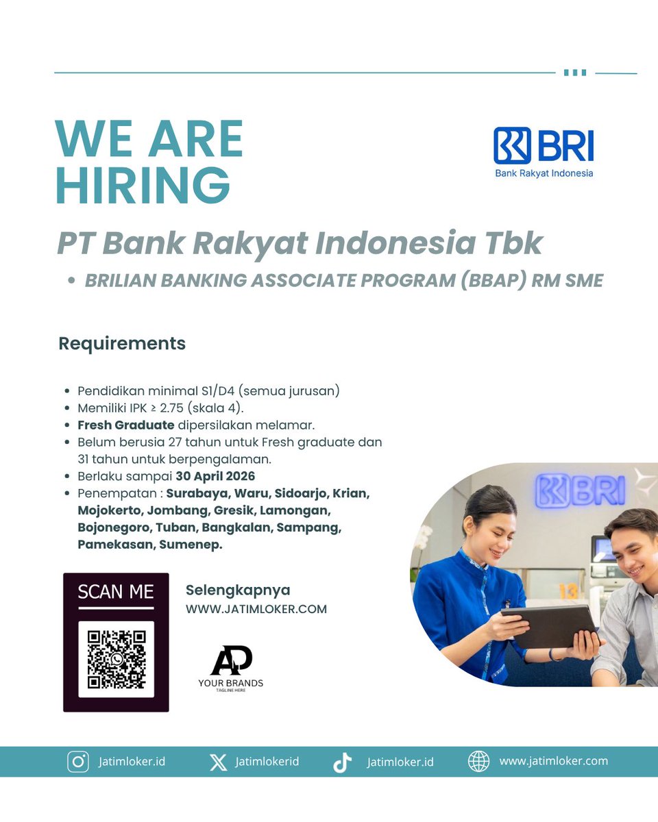 Jatimlokerid's tweet photo. Lowongan kerja Bank BRI dengan penempatan di Jatim. Informasi selengkapnya silahkan buka Website Jatim Loker.

Jangan lupa follow akun IG kami untuk mendapatkan info seputar loker jatim.
#loker #lokerjatim #Lokerbank #lokerjatim2025 #lokerterupdate #zonaba #zonauang https://t.co/P80JVh8Yf5