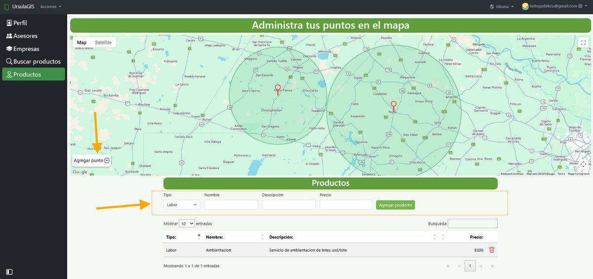Hemos lanzado una nueva funcionalidad en la web de UrsulaGIS que permite publicar productos o servicios y consultarlos para generar órdenes de compra.
Para cargar un producto, primero marcate como proveedor en tu "Perfil" y luego accedé a la sección "Productos".
Para buscar