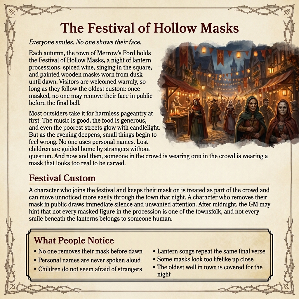 called_cam's tweet photo. Festivals are better when they feel joyful first, wrong second. Lanterns, songs, painted masks, then the details start to land: no names, no bare faces, some masks a little too lifelike. #ttrpg #dnd #worldbuilding https://t.co/yzi3tn5Xdh