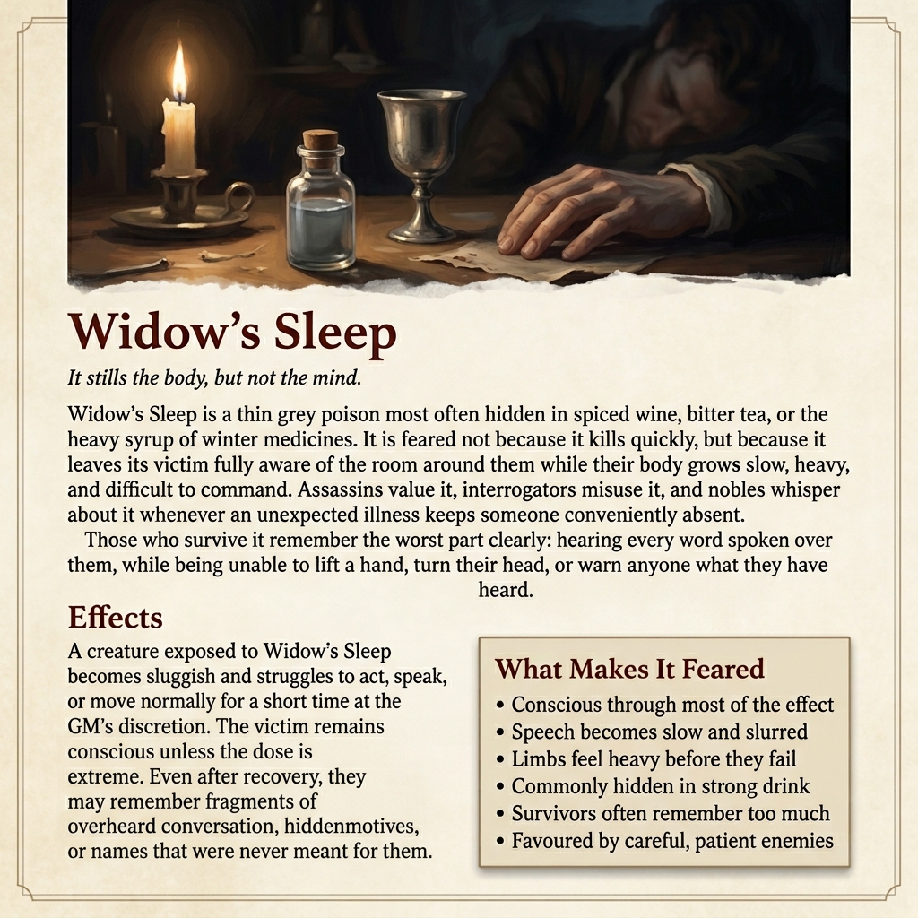 called_cam's tweet image. Poisons are better when they create tension, not just damage. Widow’s Sleep leaves the victim conscious but unable to act properly, which means they can still hear every secret spoken over them. #ttrpg #dnd #dmtips