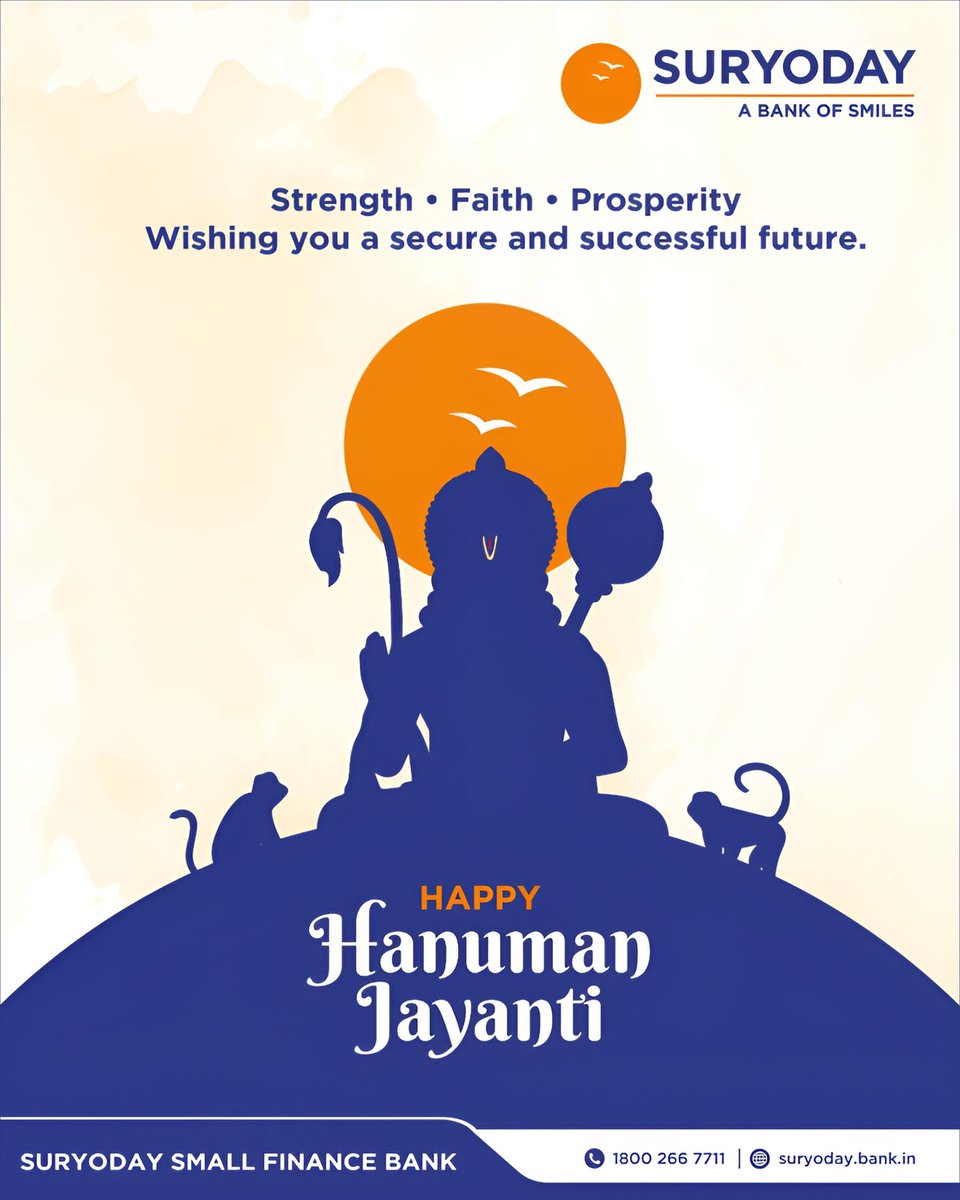 SuryodayBank's tweet image. Suryoday Small Finance Bank wishes you a happy Hanuman Jayanti.

#hanumanjayanti #celebration #festivals #bankofsmiles #suryodaybank