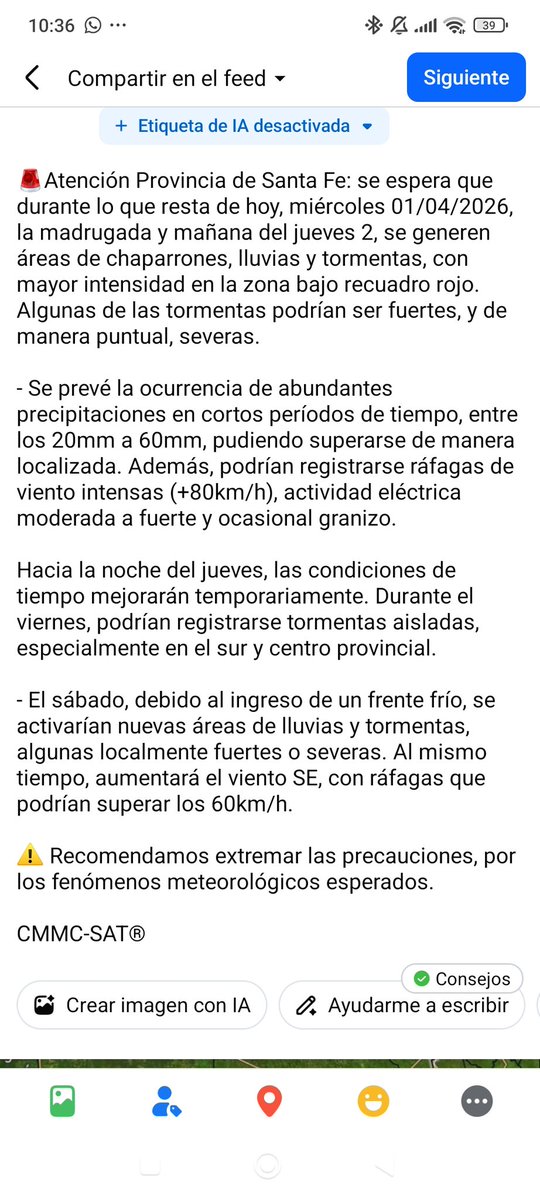 🚨Atención Provincia de Santa Fe: se espera que durante lo que resta de hoy, miércoles 01/04/2026, la madrugada y mañana del jueves 2, se generen áreas de chaparrones, lluvias y tormentas, con mayor intensidad en la zona bajo recuadro rojo. Algunas de las tormentas (sigue)