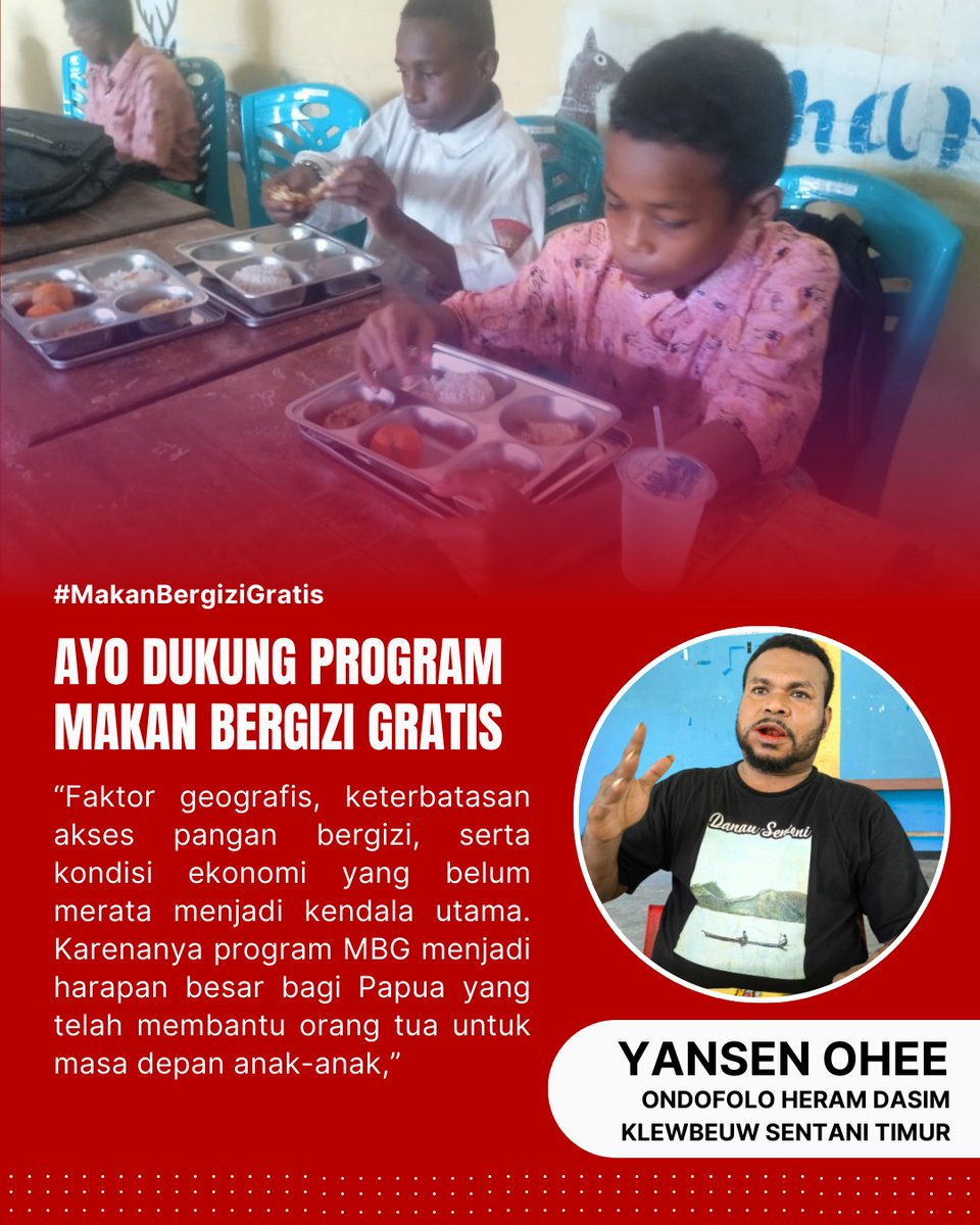 R_Publik6's tweet photo. Dukungan penuh untuk Program Makan Bergizi Gratis (MBG) guna mengatasi kendala geografis dan ekonomi di Bumi Cendrawasih. Bersama Tokoh Adat Yansen Ohee, mari kita kawal generasi emas yang lebih sehat dan kuat!
#MakanBergiziGratis #PapuaSehat #GenerasiEmas #Sentani https://t.co/iucrEqlcuv