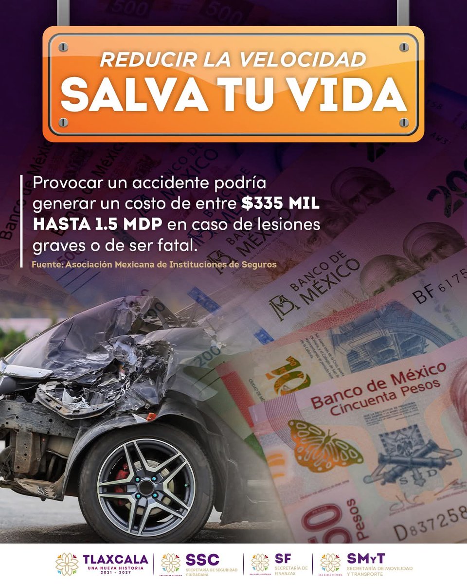 Un accidente puede costar hasta 1.5 MDP o más. La prevención está en tus manos: Reducir la velocidad salva vidas.

#ConduceSeguro