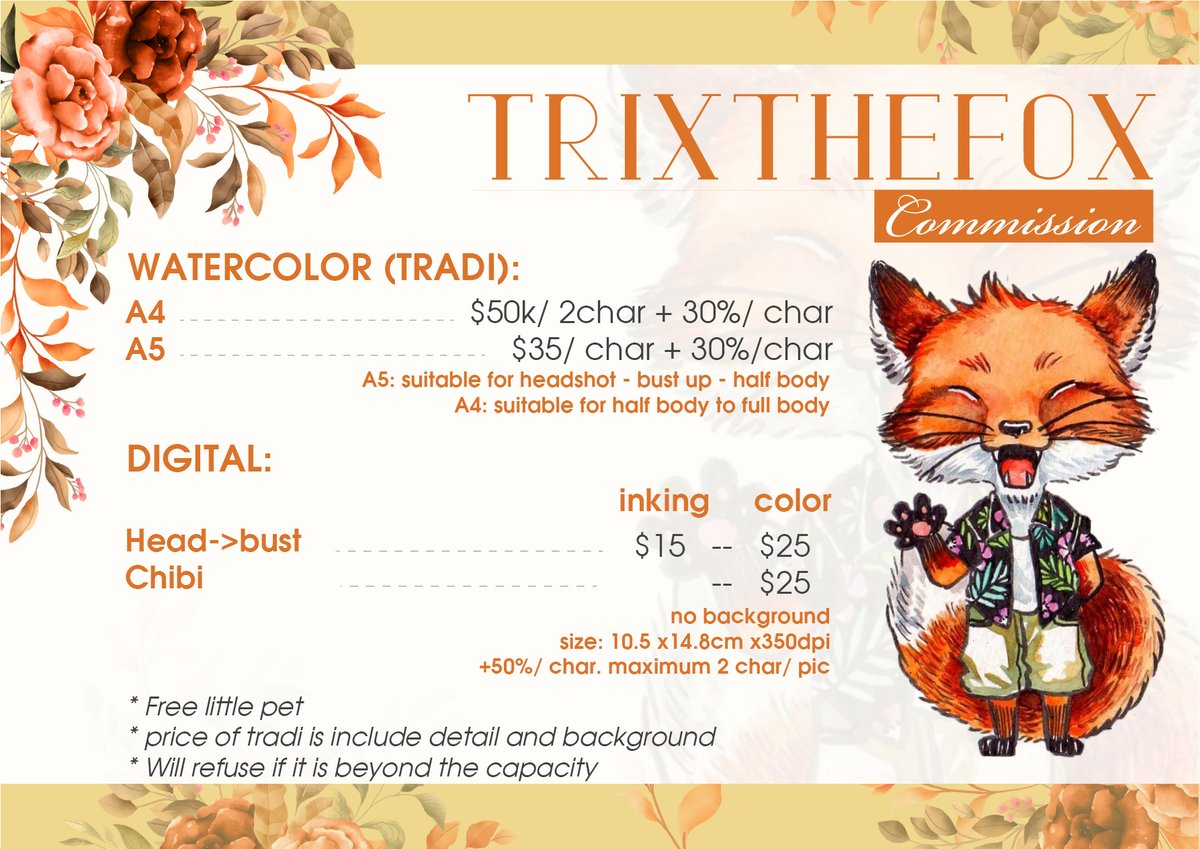 fox_trix's tweet photo. Hello, my waitlist for April is still open ^^/ here is my pricelist and TOS. https://t.co/2k7LULkHlH