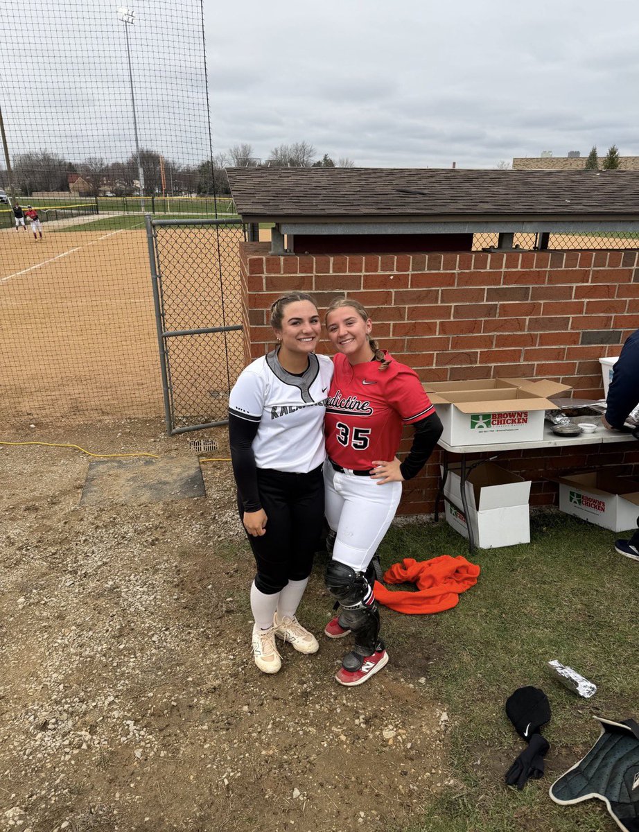 OakLawnSoftball's tweet image. Old Spartans Kaitlyn Berkery playing for Kalamazoo and Jess Carey with Benedictine battled as opponents today. No matter the outcome it’s great seeing players competing at the next level. Once a Spartan Always a Spartan #olchspride