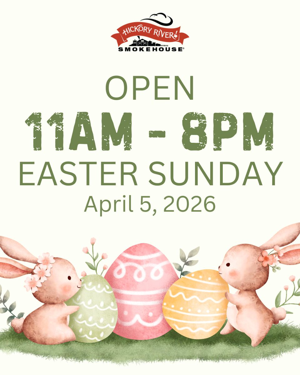 HR_Springfield's tweet image. Celebrate Easter with slow‑smoked goodness! We’re open 11 AM – 8 PM on Easter Sunday and ready to serve your holiday favorites.

#HickoryRiverSmokehouse #EasterBBQ #HolidayHours