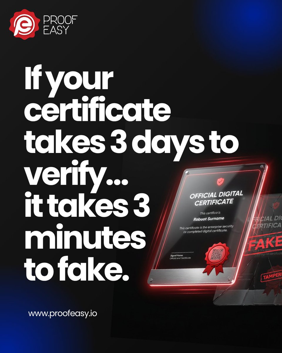 proof_easy's tweet photo. If verification takes 3 days…
it takes 3 minutes to fake.

Anyone can recreate certificates.
But checks are still manual. Emails. Delays.

Employers expect instant answers.

No verification = risk.

Instant verification isn’t optional.

#edtech #digitalsecurity https://t.co/4UUu6xbmKD
