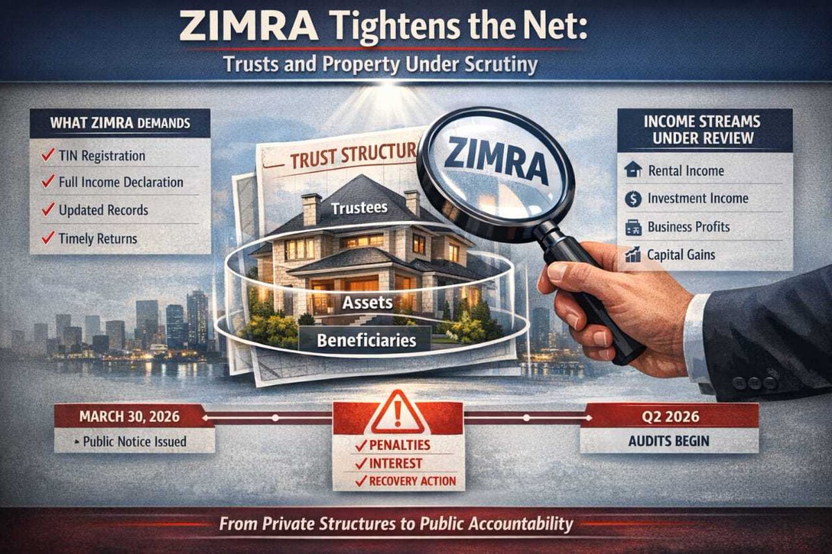 zimbabwewriter's tweet image. No More Quiet Property Holdings!

ZIMRA is cracking down on trusts. Trustees must settle taxes &amp;amp; submit returns by 30 April 2026 or face audits and penalties. Time to get compliant!

🔗 zimbabwenow.co.zw/articles/22070…

#ZIMRA #Trusts #PropertyMarket #TaxCompliance #ZimbabweFinance
