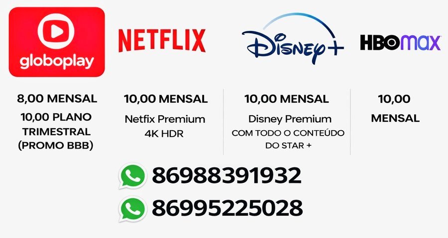 Acesse seus streamings com valores extremamente baixos... 🫶

netflix: R$10
max: R$10
disney+ premium R$10
globo play R$8
Premiere R$10
Telecine R$10

tags: conta dividir tela vendo globoplay premiere spotify Geely #BBB26

SUPORTE E ACESSO IMEDIATO!✅ Contato na bio