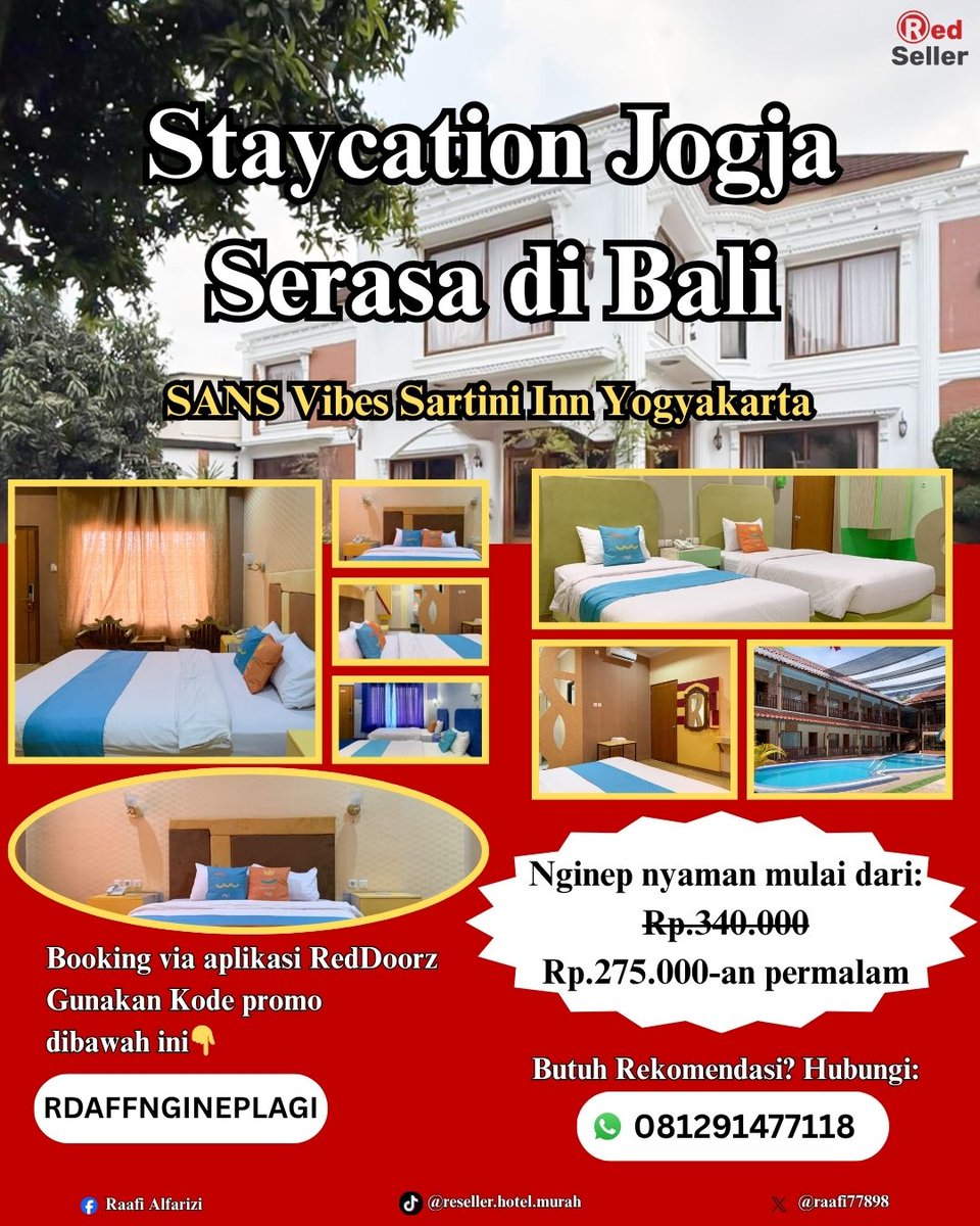 raafi77898's tweet photo. SANS Vibes Sartini Inn Yogyakarta ini vibes-nya enak banget buat staycation. Bersih, nyaman, dan cocok buat healing tipis-tipis.

Bisa juga booking via apk #RedDoorz &amp; isi kode promo RDAFFNGINEPLAGI (lebih aman &amp; sering promo). 

Staycation enjoy, RedDoorz pilihan coy https://t.co/2Dm1XYijky