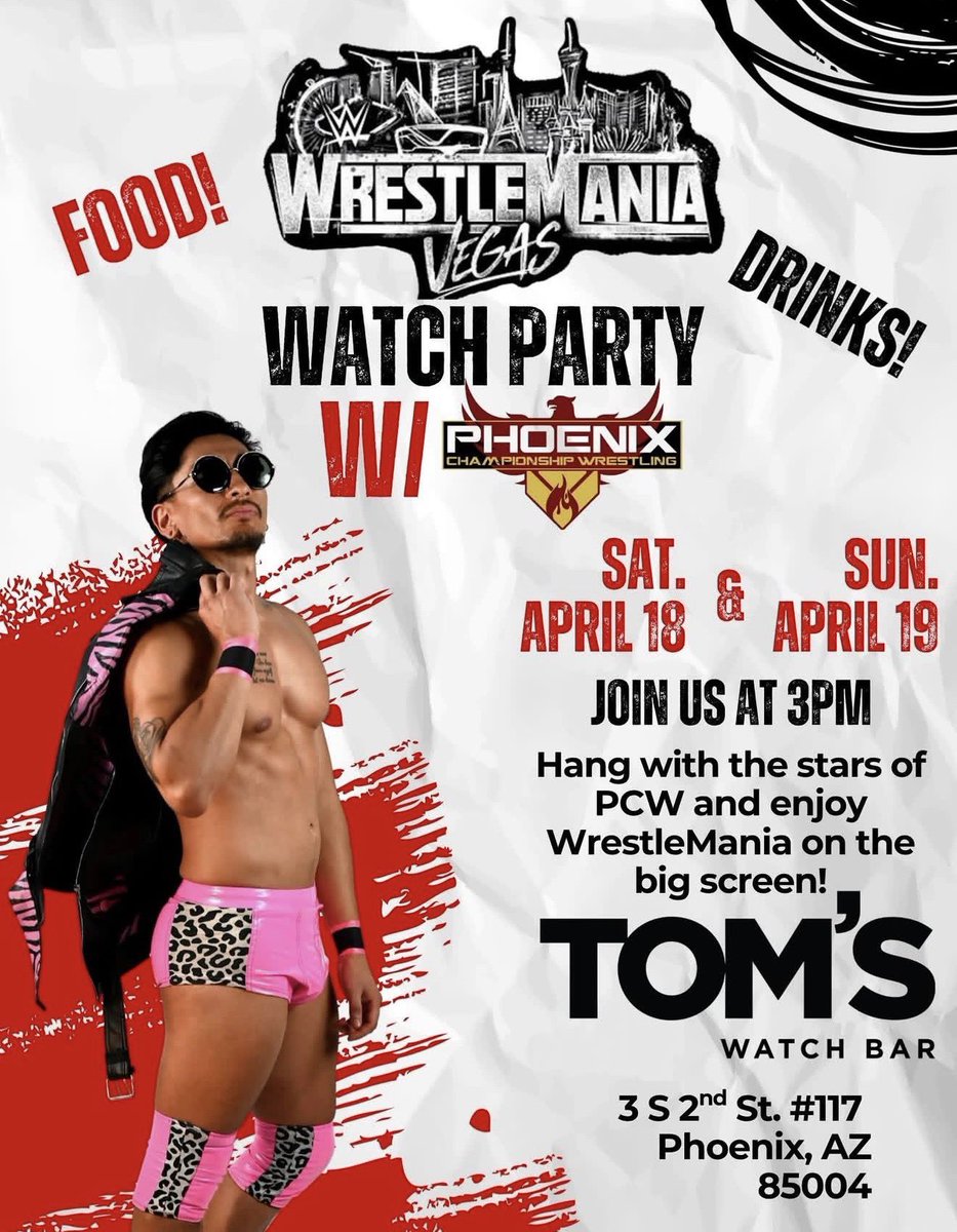 PhoenixWrestles's tweet photo. WrestleMania hits different when you’re watching it with wrestlers.

This weekend—food, drinks, big screen, and the crew from PCW all in one room. No couch. No spoilers. Just noise, reactions, and the kind of energy you don’t get at home.

Saturday & Sunday. 3PM. Tom’s Watch Bar.

Pull up.

#WrestleMania #PCWAZ