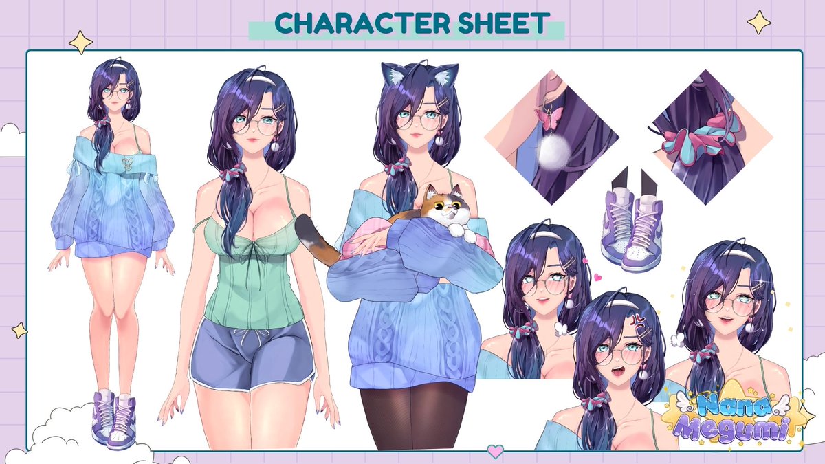 nanamegumin's tweet image. Nana Megumi's character sheet is here! 🍺✨ 
Use this as your reference for every piece you create. 
Ditunggu karya-karyanya ya~

✦Hashtags &amp;amp; Marks ✦  
General : #nanamegumin
Oshi Marks : 🍺💜
 
#vtuberID #charactersheet