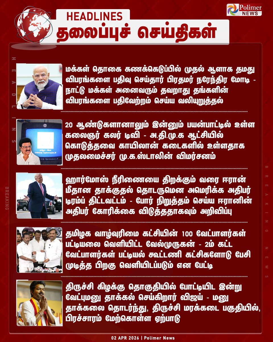 polimernews's tweet image. #HEADLINES || தலைப்புச்செய்திகள் | #PMModi | #BJP | #Election #ElectionCommission | #TVKVijay‌ | #Velmurugan | #TNElection2026 | #TNElection | #PolimerNews