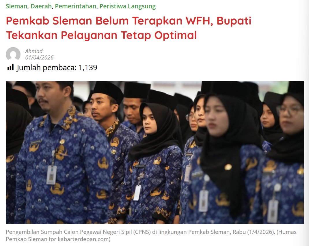 kabarterdepanID's tweet image. Pemkab Sleman Belum Terapkan WFH, Bupati Tekankan Pelayanan Tetap Optimal

kabarterdepan.com/pemkab-sleman-…

#PemkabSleman #WFH #ASN #PelayananMasyarakat #Sleman #KabarTerdepan