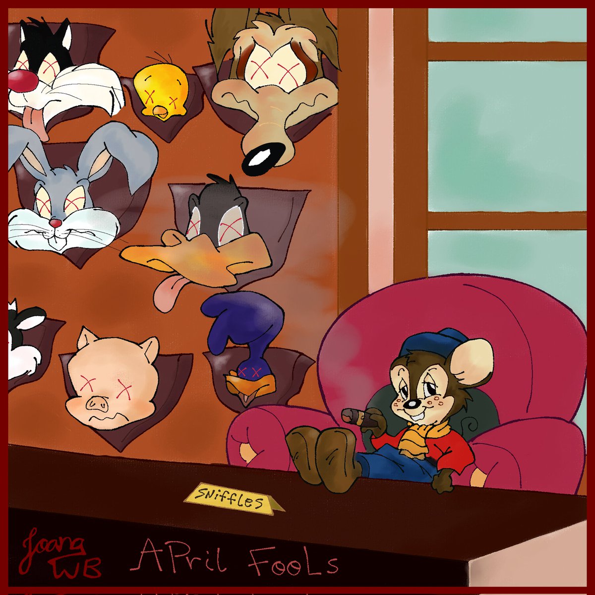 JoanaWBart's tweet image. It took a while, but it's finally here, a drawing for April Fool's Day 🤡

Looney tunes Themed! Based on an internal joke I have between friends who also enjoy these silly theatrical shorts 🐭

(full context in alt text!)

#LooneyTunes #Cartoonfanart #Aprilfoolsday