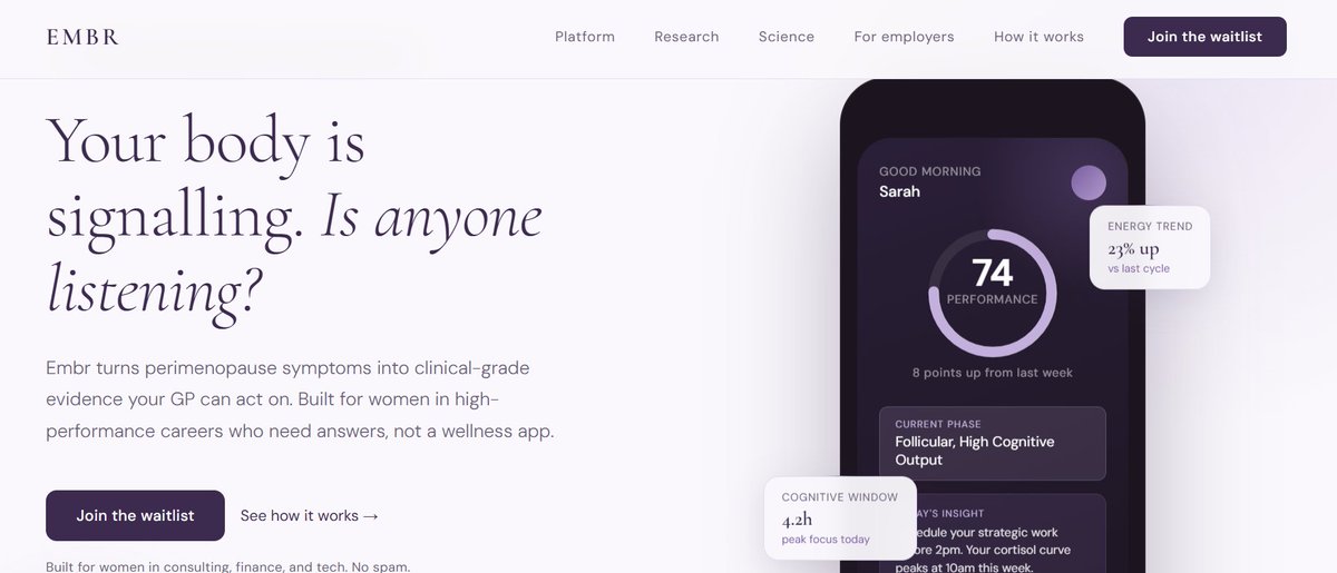 embrplatform's tweet photo. @buildItN0w EMBR — AI that decodes your hormonal patterns, maps your energy across your cycle, and tells you exactly when to do your best work.
Built it because high-performing women are optimising everything except the one system that drives all of it. https://t.co/6LG0VzDfrh