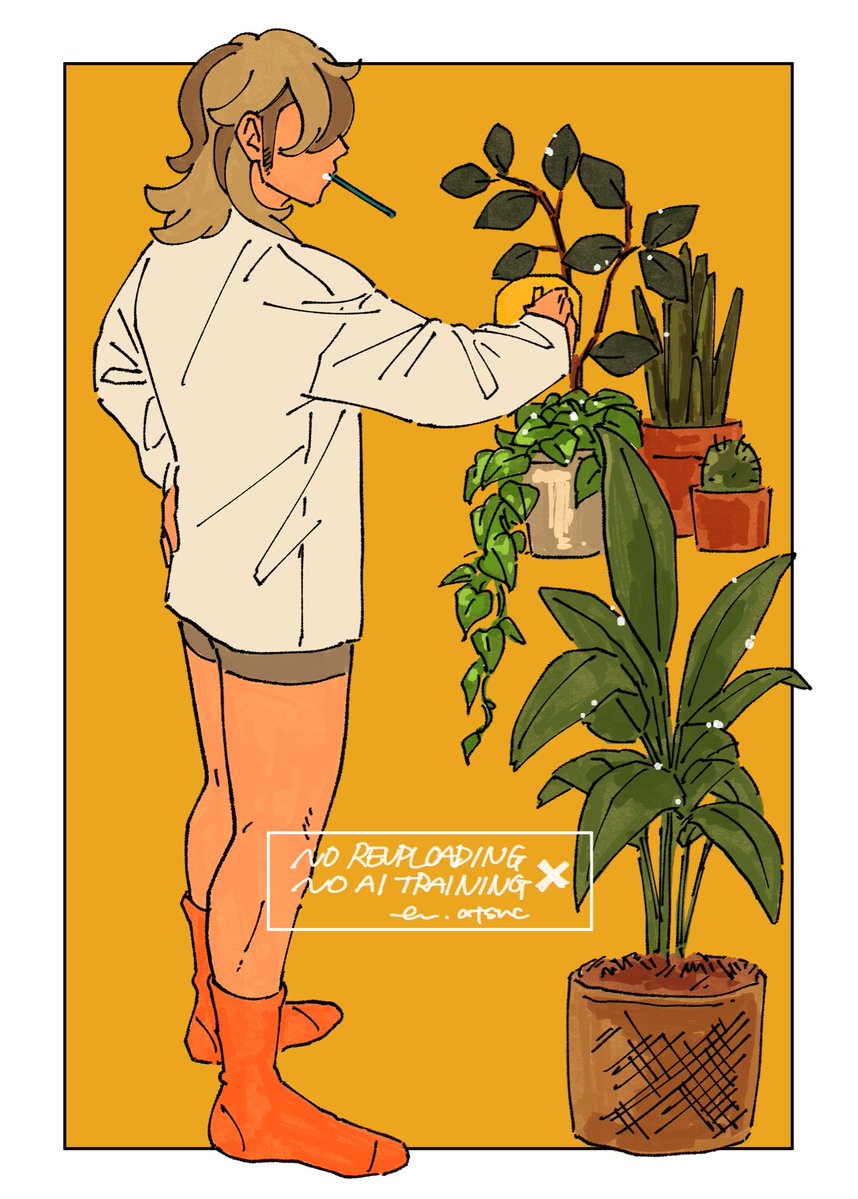 着替え途中に歯を磨きながら水やりするペパくん