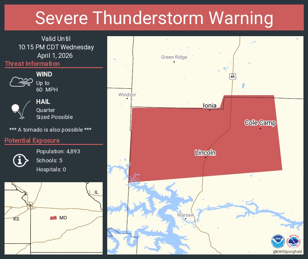 Severe Thunderstorm Warning including Lincoln MO, Cole Camp MO and ...