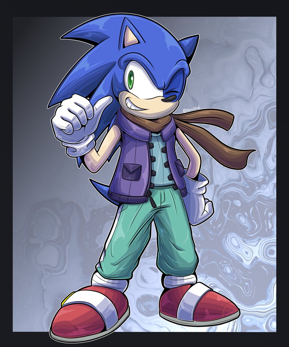 MauveMarsupial's tweet photo. One of my boom Sonic’s outfits, done by @HaiiroSlash. Copy’s uncle Chuck’s classic jacket and shirt, changes colors up a bit, and recolor’s Sonic’s normal track pants to also be green, not black.

If you’re wonder about the pants, he lost a bet with Tails. https://t.co/R5NYIAunOK