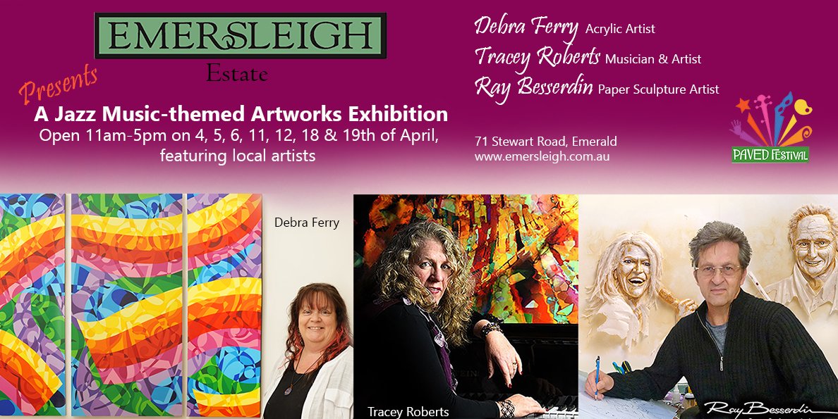 besserdin's tweet photo. Join me for a group exhibition at Emersleigh Estate,  71 Stewart Rd, Emerald, VIC, on 4, 11, 12, 18, 19 Apr 11:00 am – 5:00 pm.  For the first time in Australia, I’ll be showcasing four jazz musician artworks, previously exhibited at the Carrousel du Louvre in Paris. 
#jazz https://t.co/VliU0a7xWy