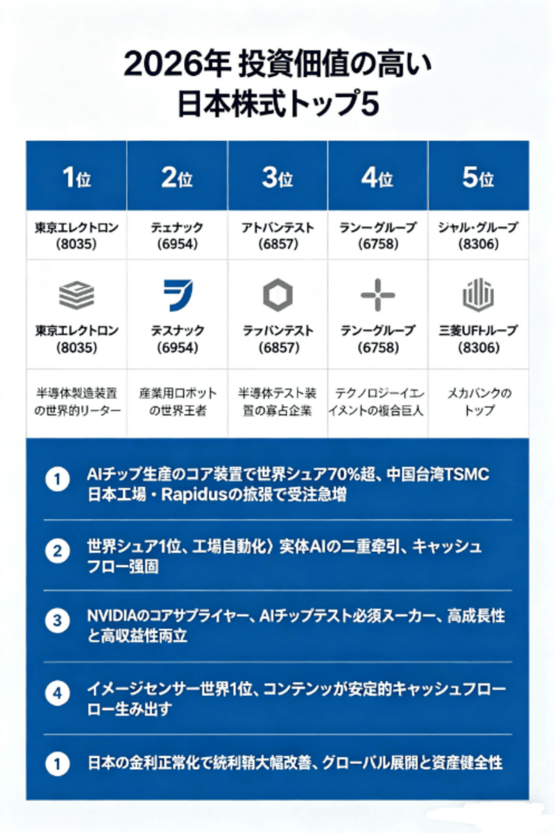 LaddiLs76's tweet photo. 素晴らしいニュースです!!! 素晴らしいニュースです!!! これはフェイクニュースではありません!!! 新しいNISA「成長投資」プログラムで何を買えばよいか迷っている方のために、信頼できる主要配当株5銘柄をご紹介します。

1️⃣：東京エレクトロン（8035）｜半導体製造装置の世界的リーダー

- メリット：AIチップ生産のコア装置（塗布現像・洗浄）で世界シェア70%超；台湾TSMC日本工場・Rapidusの拡張で受注急増；技術障壁が極めて高く、長期的な成長が確実 。

2️⃣：ファナック（6954）｜産業用ロボットの世界王者

- メリット：世界シェア1位、工場自動化＋実体AIの二重牽引；米国再工業化と日本製造業の高度化の両方から恩恵；キャッシュフローが極めて強固、高配当・安定的。

3️⃣：アドバンテスト（6857）｜半導体テスト装置の寡占企業

- メリット：NVIDIAのコアサプライヤー、AIチップテストの必須メーカー；世界2大寡占の1社、技術障壁が高い；高成長性と高収益性を両立。

4️⃣：ソニーグループ（6758）｜テクノロジー＋エンターテイメントの複合巨人

- メリット：イメージセンサー世界1位、AI端末のコア部品；ゲーム・映画などコンテンツが安定的なキャッシュフローを生み出す；再編・分社化期待でバリュエーション上昇。

5️⃣：三菱UFJフィナンシャル・グループ（8306）｜メガバンクのトップ

- メリット：日本の金利正常化で純利鞘が大幅改善；グローバル展開と資産の健全性；東証ガバナンス改革で配当率が上昇、株主還元強化。

これからはタイミングが重要です。初心者でもためらわずに購入できます。200株あれば十分です。私をフォローしていただければ、詳細をプライベートメッセージでお伝えします。