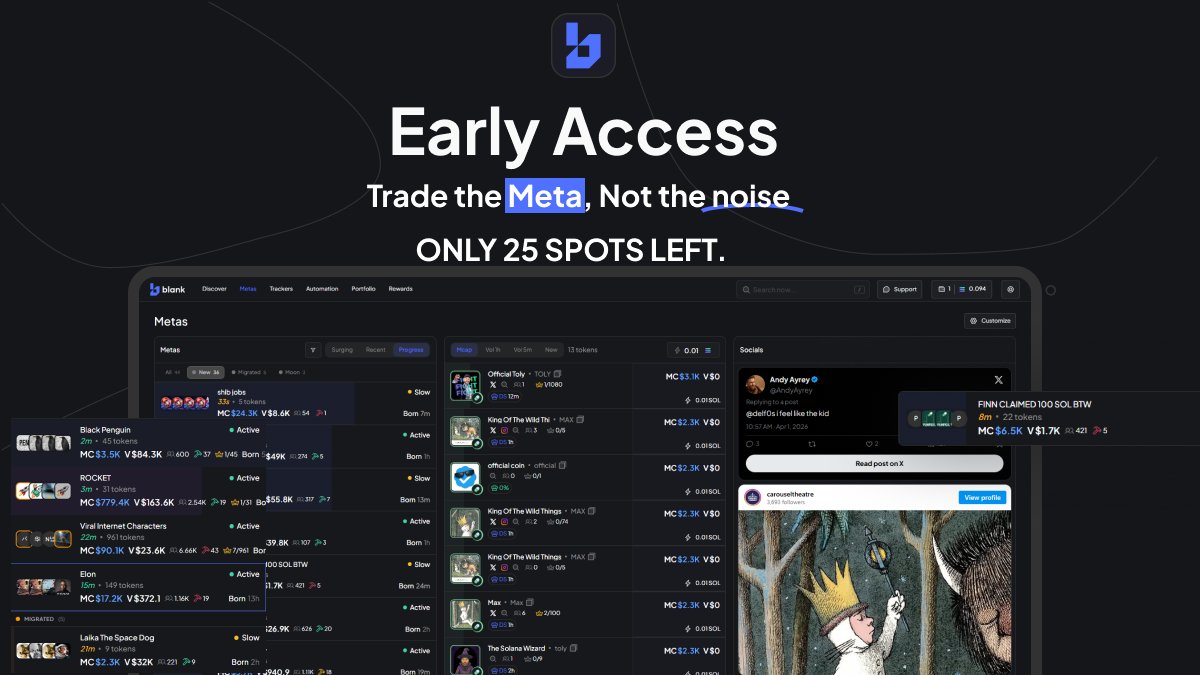 tradeonBlank's tweet photo. Most traders are reacting to noise. We built a tool to trade the meta before it moves. 

Early access is live. 25 spots.  

JOIN our Discord  https://t.co/iu1VcBkYrY https://t.co/negcXq3ZZW