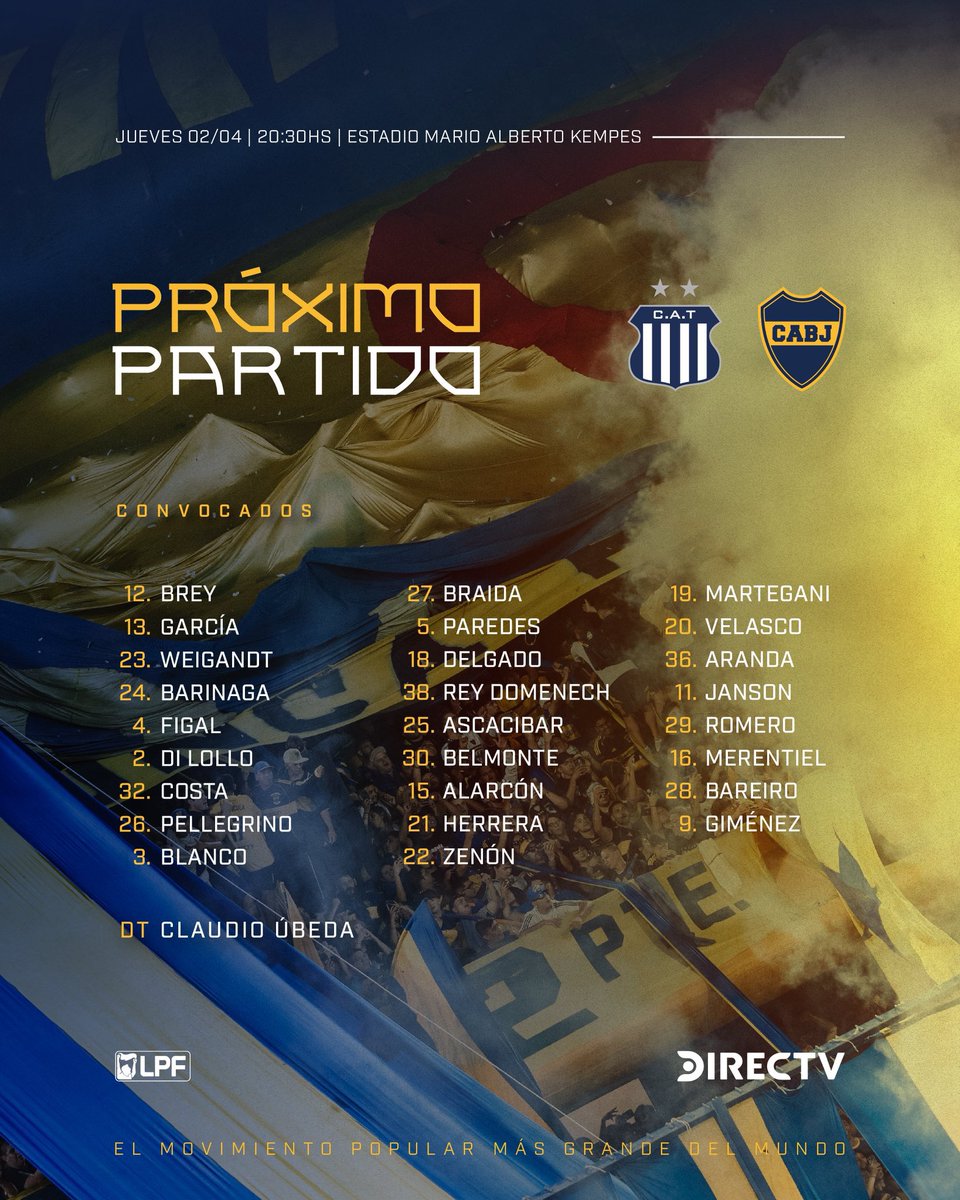 FilialEscobar's tweet photo. 🔜 ¡𝗣𝗥𝗢́𝗫𝗜𝗠𝗢 𝗣𝗔𝗥𝗧𝗜𝗗𝗢!

⚽ #Apertura2026
🆚 Talleres
🗓 Jueves 02/04
🕙 20:30
🏟 Estadio Mario Alberto Kempes

#VamosBoca #BocaFiliales #BocaJuniors #FilialEscobar #DaleBoca 🔵🟡🔵 https://t.co/qqmOvD91as