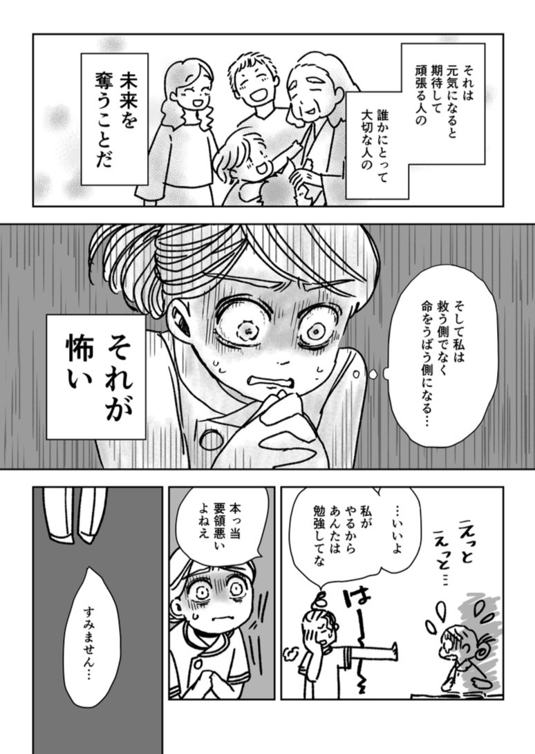 看護師時代に一番怖かったこと(2/2)

事故って、自分が加害者になるってことだから、被害に遭う人がいるわけで、命を守る側が害する側になる瞬間だから本当に怖かった 。 