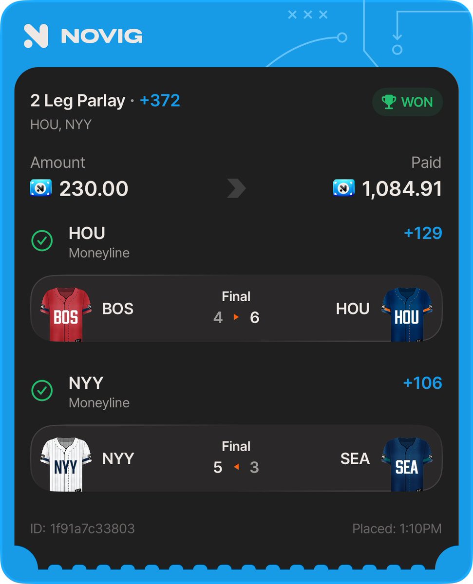 MiggyBetts's tweet image. Good way to start April +17u 🔥 @Novig

Astros ML ✅ 
Yankees ML ✅ 
Royals +1.5 ✅ 
NRFI MIN/KC ✅ 
Mr. Jonathan India HR ✅ 

#Gambling𝕏 #GamblingTwiiter #Novig