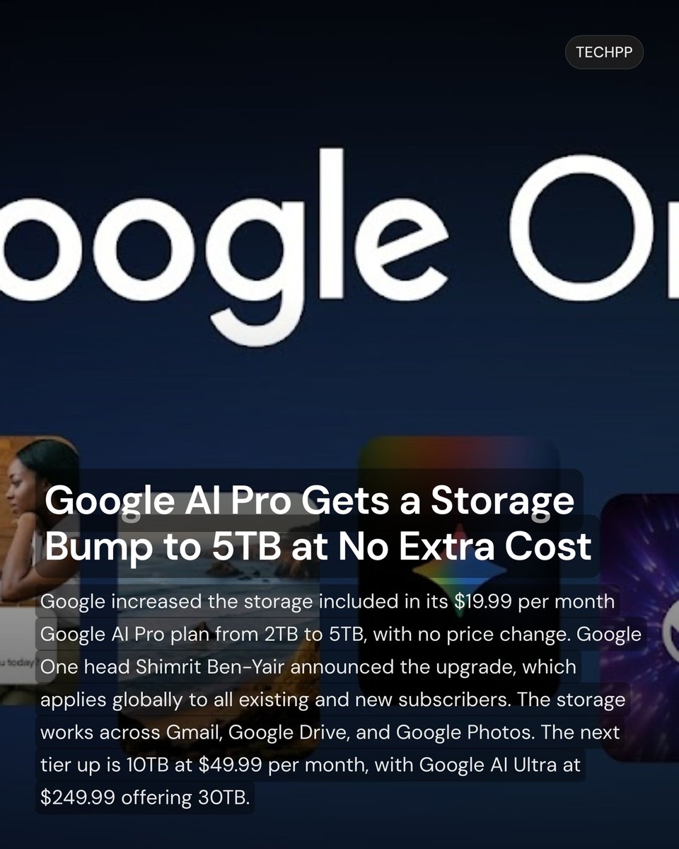 techpp's tweet image. Google AI Pro Gets a Storage Bump to 5TB at No Extra Cost

#Google #GoogleOne #GoogleAI #Gemini #CloudStorage #Productivity
