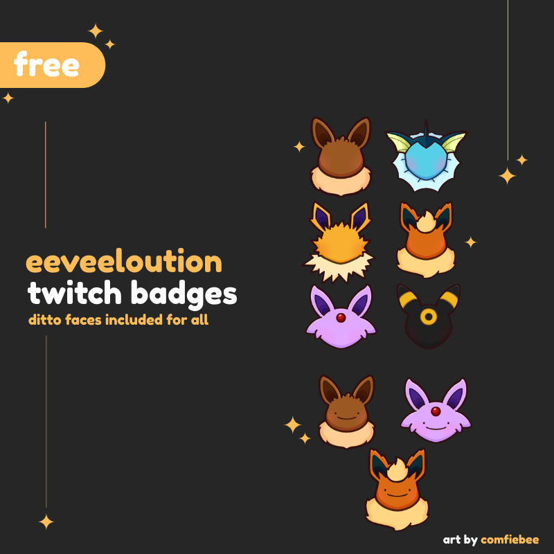 ✨ FREE EEVEELUTION BADGES ✨ ditto versions are included in the packs for all evos :)

🛒 ko-fi.com/comfiebee/shop