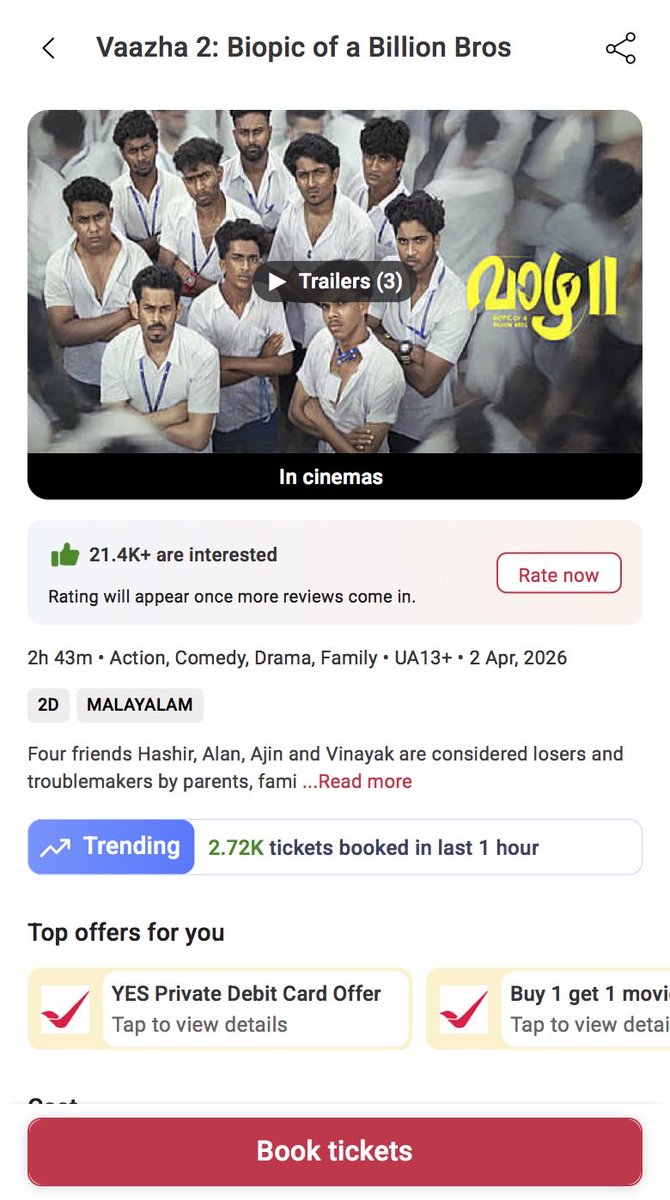 statsforfun319's tweet photo. #Vaazha2 BookMyShow 2026-Apr-02
8-9am
Tickets sold on BMS-2720
Total-3859
Esti-
#HashirH #VedaShankar https://t.co/n9yXWmAmN1
