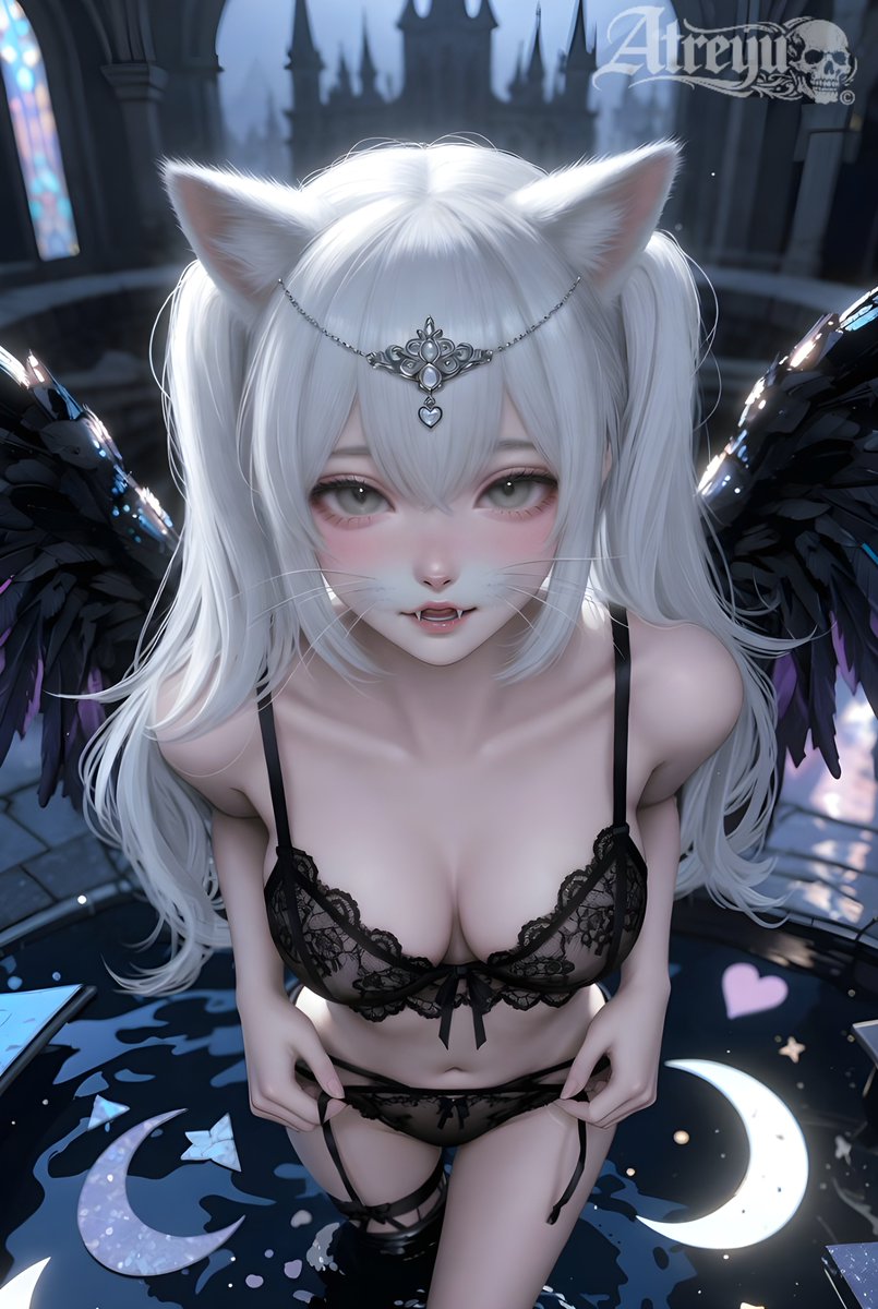Original Character: Kuro-Tenshi Black Angel Cat Goddess.
Kuro-Tenshi — the corrupted Black Angel Cat Goddess and ultimate Femme Fatale 👑🖤

Knee-deep in moonlit waters, she gazes down with that hypnotic, mischievous stare… one teasing finger tugging at her lace as sweet