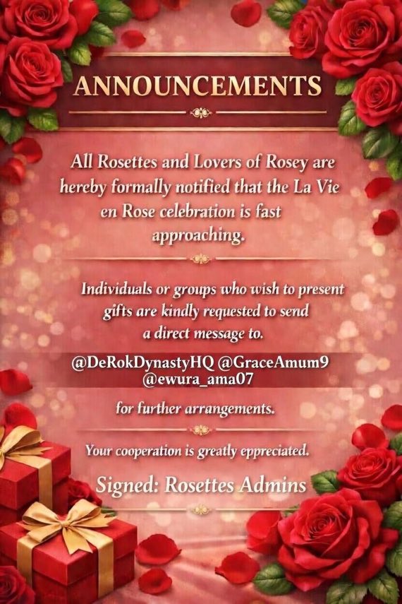 ewurah_ama07's tweet photo. Good afternoon everyone and Happy new month to y'all kindly take note of the details on the flyer below , thank y'all and God bless everyone that has supported this journey 🥰🙏
#Rosey #Rosettes
#LoversOfRosey
#LaVieEnRoseCelebration https://t.co/wV9IPK5pyf