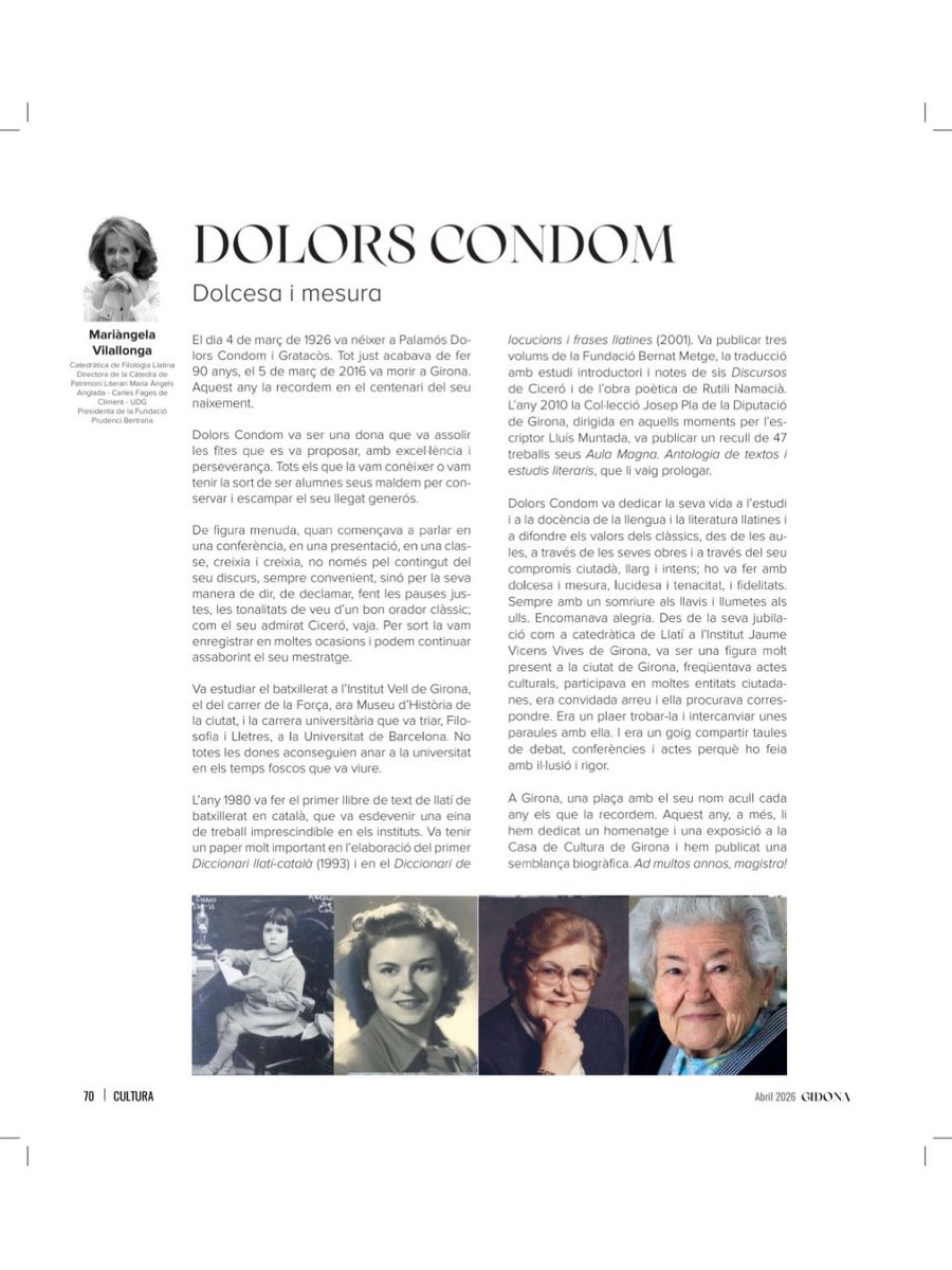 MVilallonga's tweet photo. El meu article d’abril a la @gidona_revista el dedico a la professora i amiga Dolors Condom, ara que recordem el centenari del seu naixement. Bona lectura!

@univgirona @UdGLletres @DolorsCondom @CMAAPL https://t.co/i5iAULdSsw