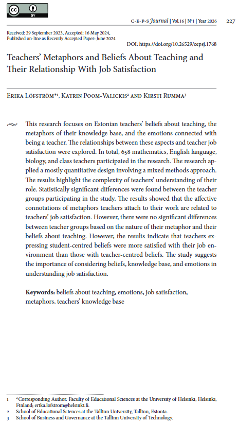 CepsJournal's tweet photo. Explore the varia article Teachers’ Metaphors and Beliefs About Teaching and Their Relationship With Job Satisfaction by Löfström and others, published in our latest issue: https://t.co/eEuw1niQFg #beliefsaboutteaching #emotions #jobsatisfaction #metaphors #teachersknowledgebase https://t.co/YuTDsRAnkh