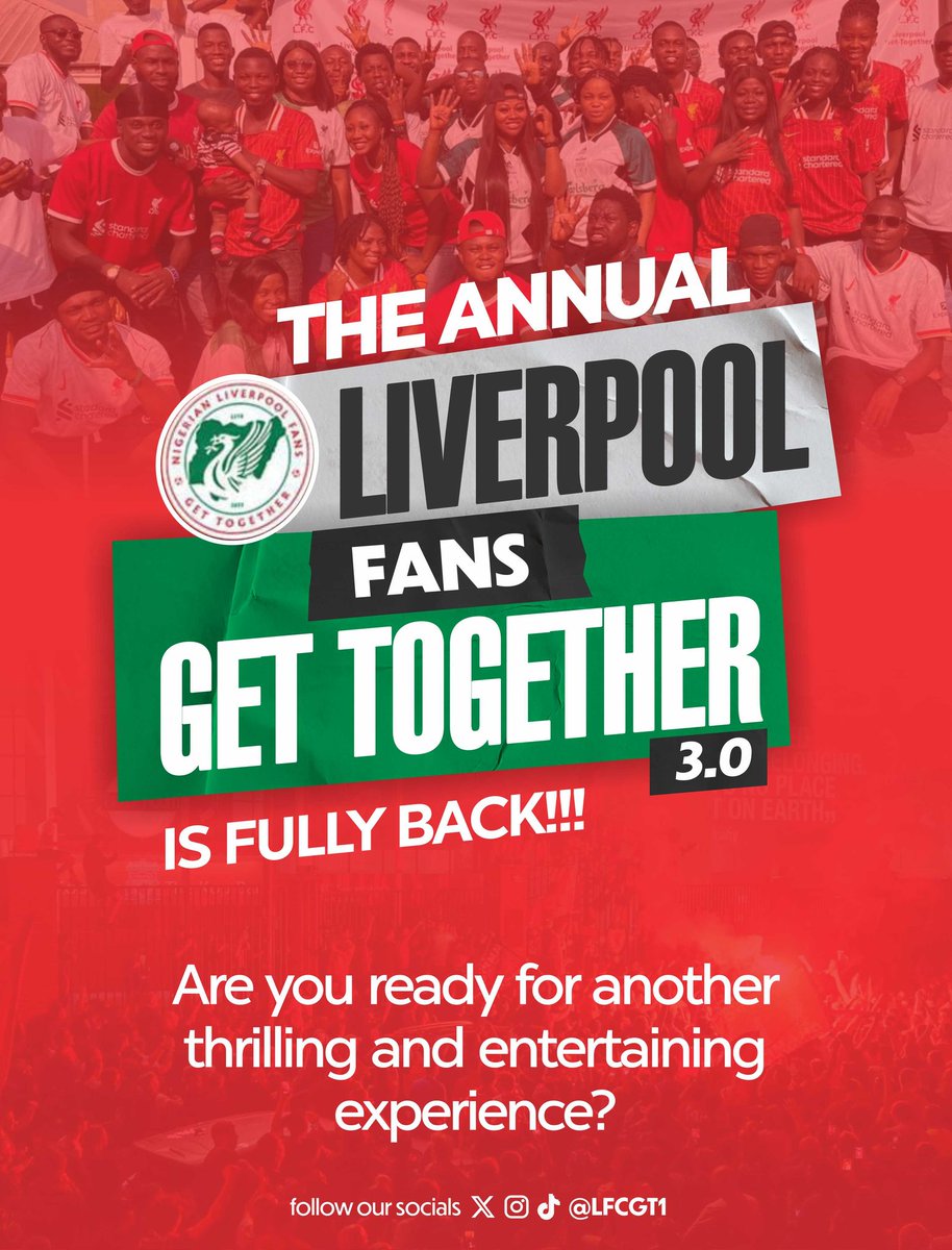 LFCGT1's tweet photo. It’s here again!!!
LFCGT 3.0 📢 📢 📢
Happening Live In Lagos State
A gathering of Liverpool Fans from all over Nigeria in one place for 3 days.
Come Feel The Thrill This December!

Watch the game come alive!
Feel the Passion!!
Registration Is Currently Ongoing, See You There!!! https://t.co/sRilWYhWVH